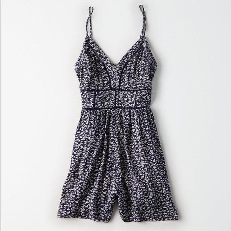 American Eagle Navy Floral Crochet Trim Spaghetti Strap Romper Fit And Flare